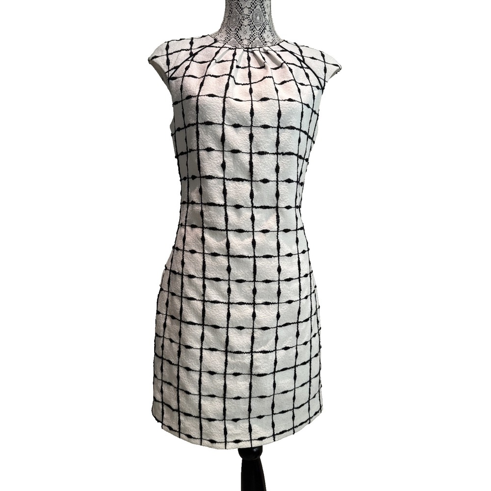 Belle Badgley Mischka Sheath Dress Womens 6 White Black Check Cap Sleeve Office